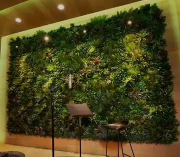 Lush artificial green wall installation behind a stage setup in a commercial interior
